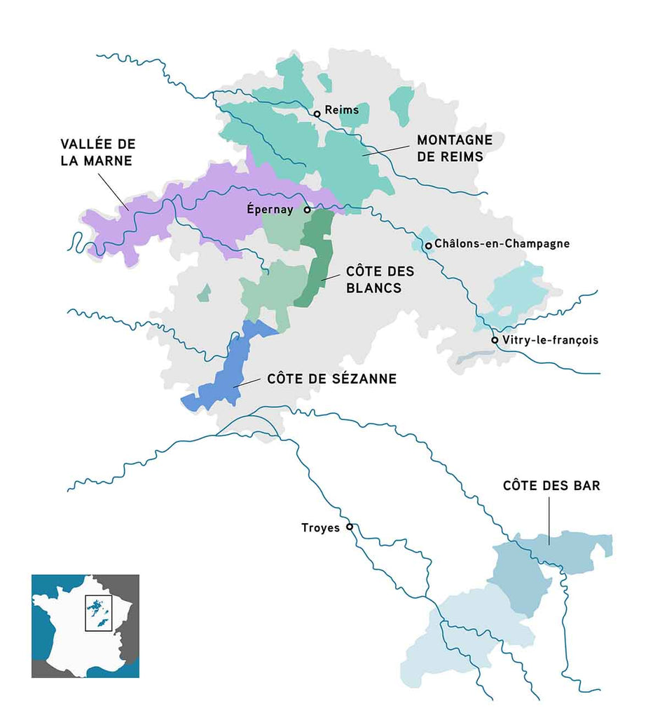 Map of main subregions of the Champagne wine region.