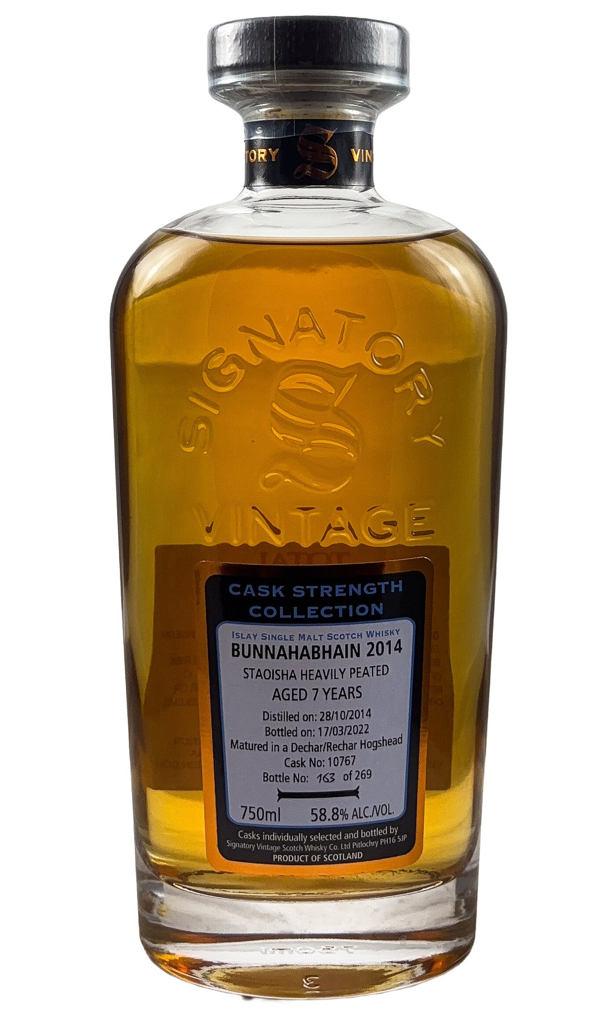 Bottle of Bunnahabhain / Staoisha (Signatory Vintage), Islay Single Malt Scotch Whisky 7 Year Old Heavily Peated Cask Strength, 2014 - Spirit - Flatiron Wines & Spirits - New York