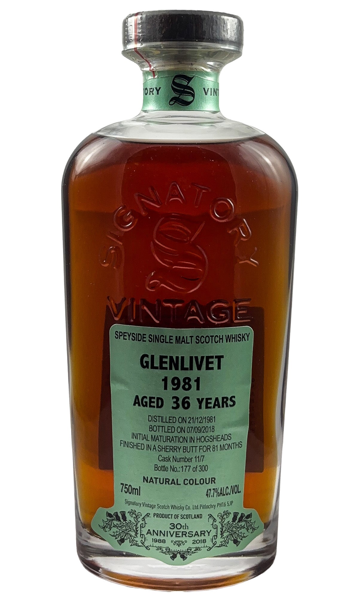 Bottle of Glenlivet (Signatory Vintage), Speyside Single Malt Scotch Whisky 36 Year Old 30th Anniversary, 1981 - Spirit - Flatiron Wines & Spirits - New York