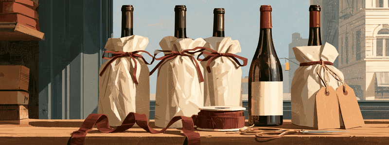 A styled arrangement of wine bottles and paper-wrapped bottles on a wooden table, with a window and cityscape in the background. No people or animals are present.