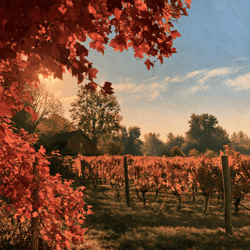 Oil painting of an autumn vineyard with red and orange leaves