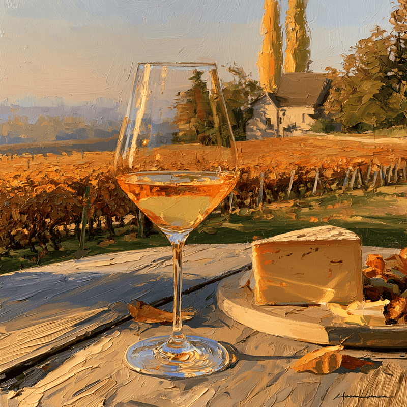 Oil painting of a glass of golden white wine on a table overlooking a fall vineyard
